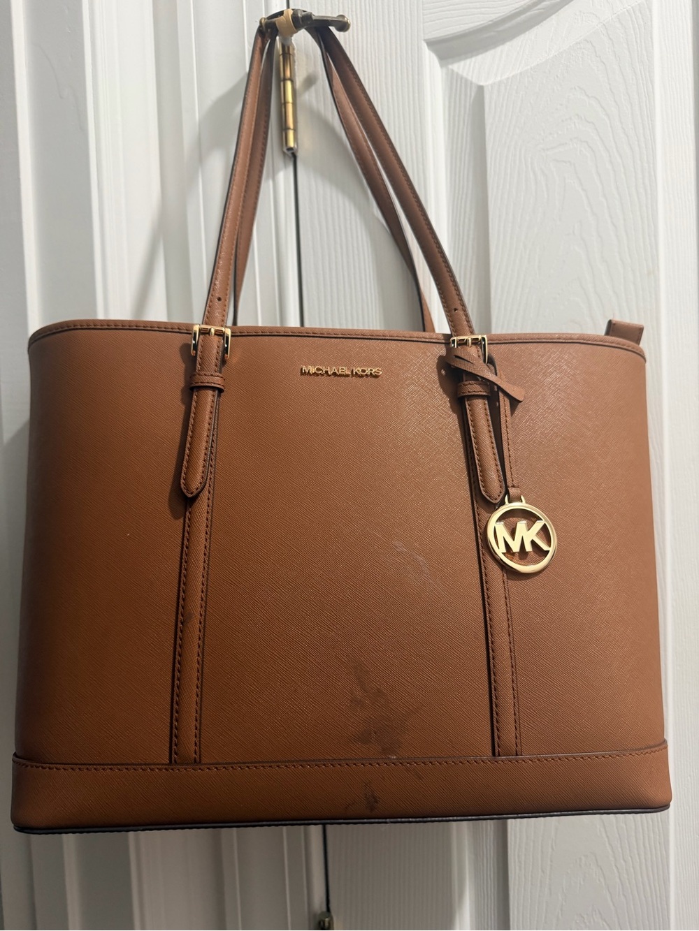 Michael Kors Brown Leather Tote with Gold MK Charm